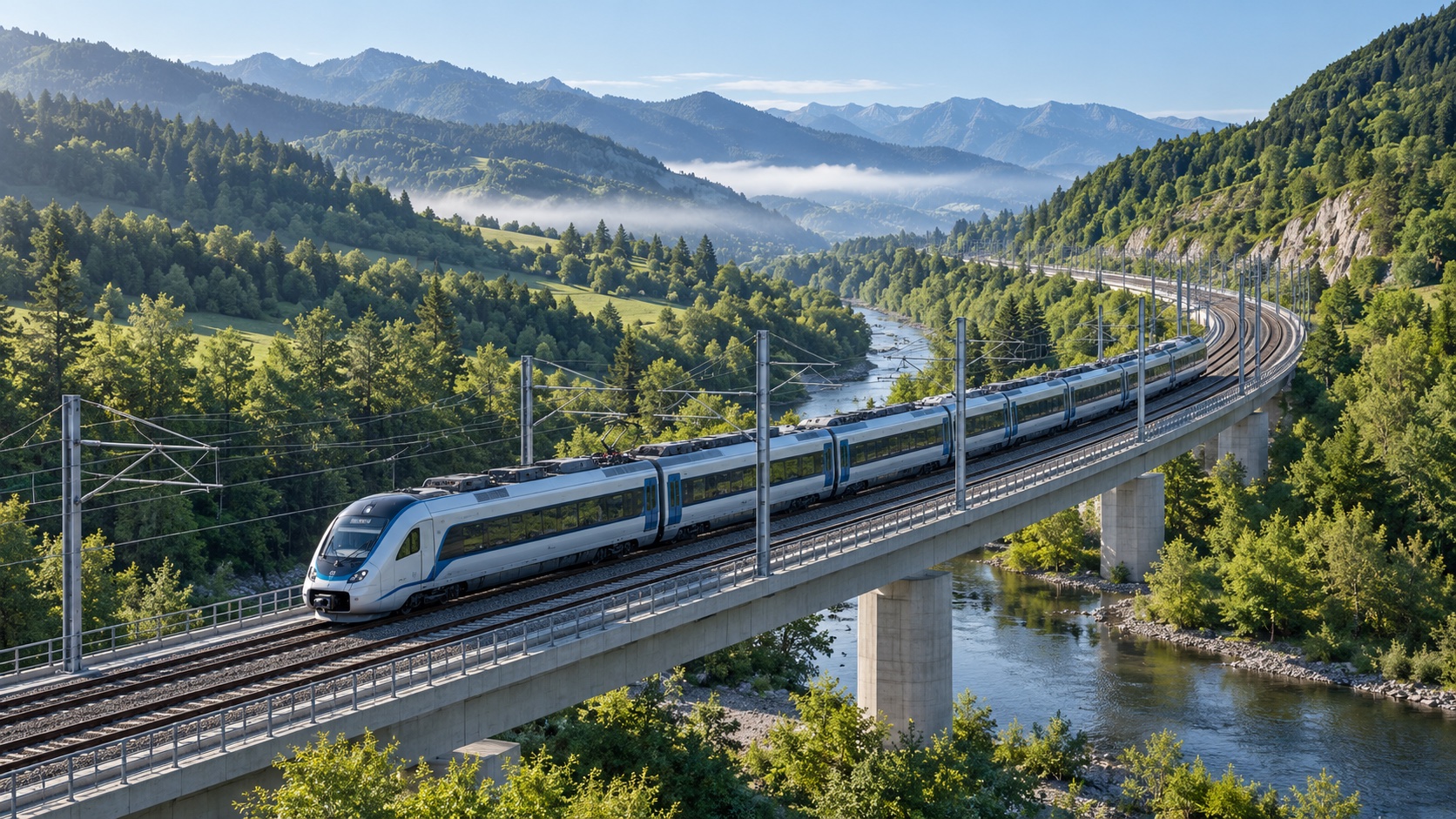 Electric passenger railway crossing a Central European river valley